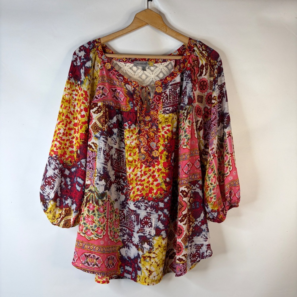 FIGUEROA & flower Blouse Womens 2X Multi-Color Patchwork Lace Back Boho Peasant